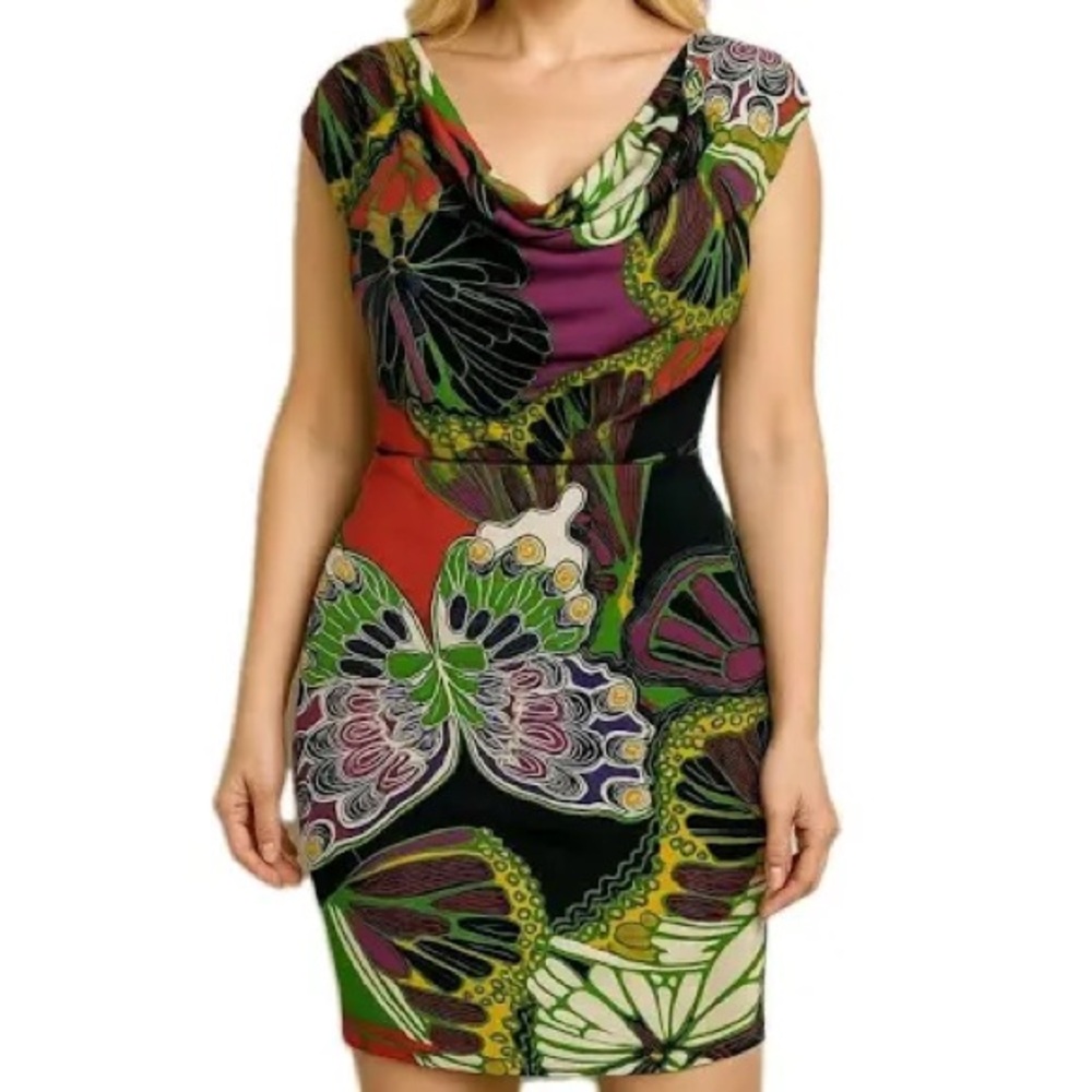 Alfani Butterfly Island Green, Purple & Black Floral Cowl Neck Mini Dress Size 2